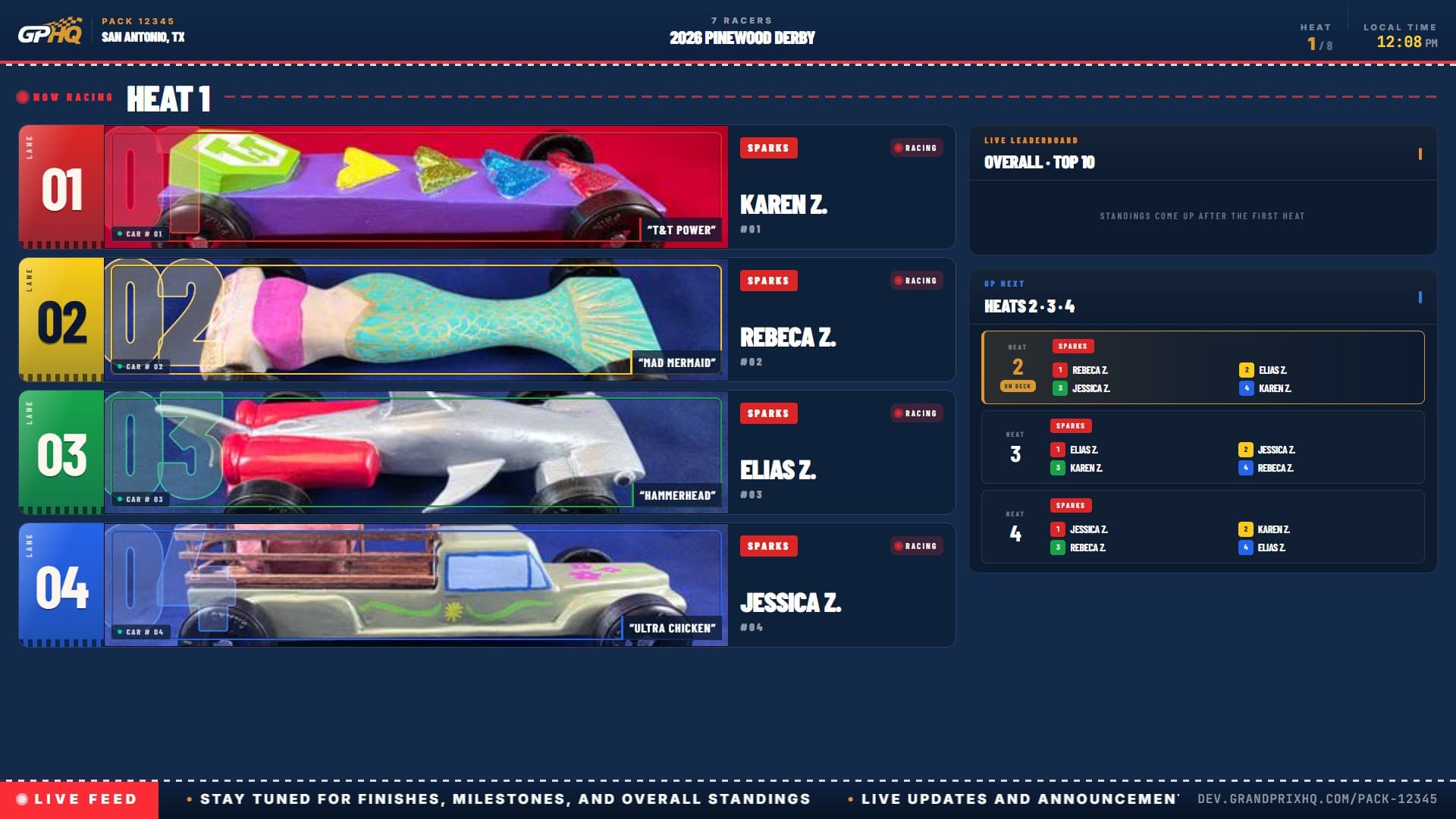 Projected leaderboard with car photos for each lane