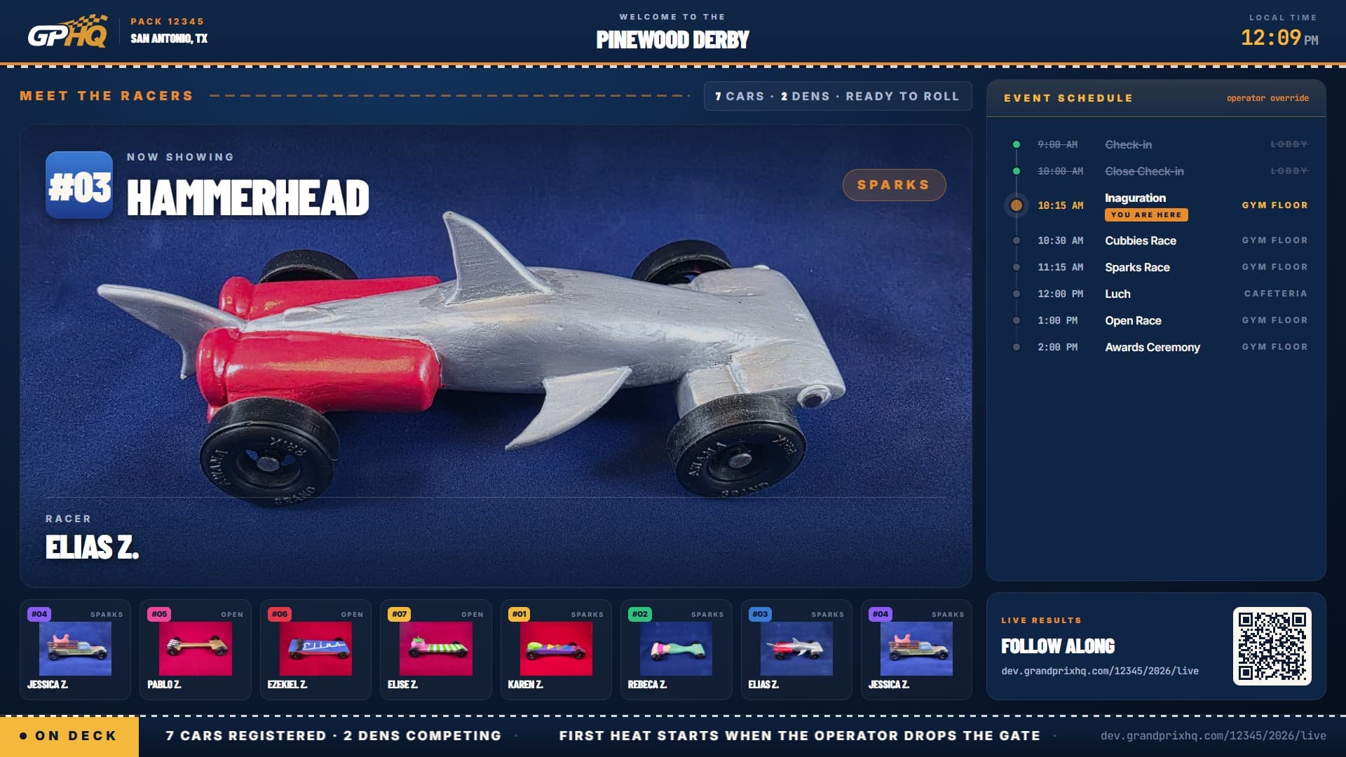 Pre-race lobby — roster + schedule