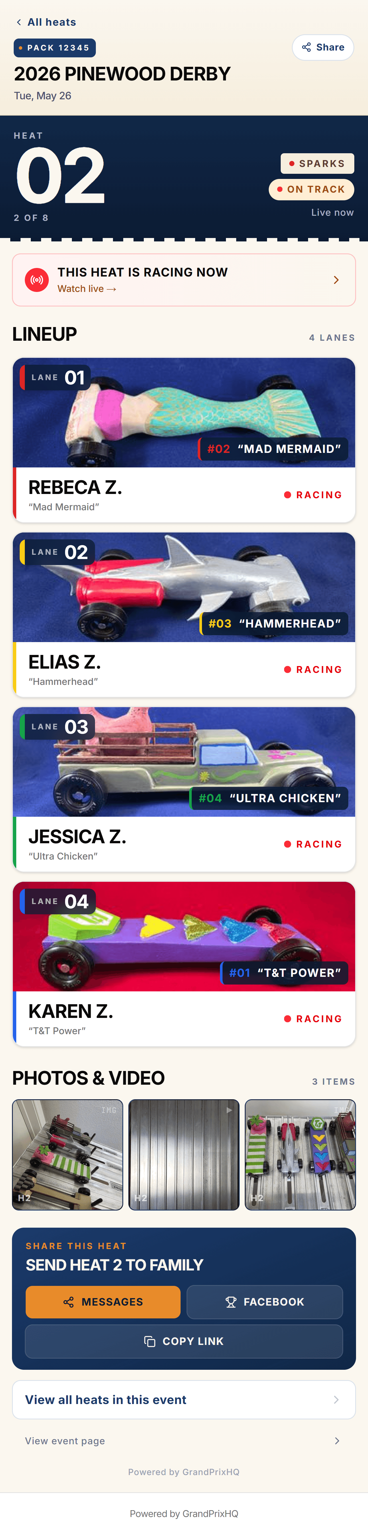 Phone showing a heat detail page with each racer's car, name, and live race status